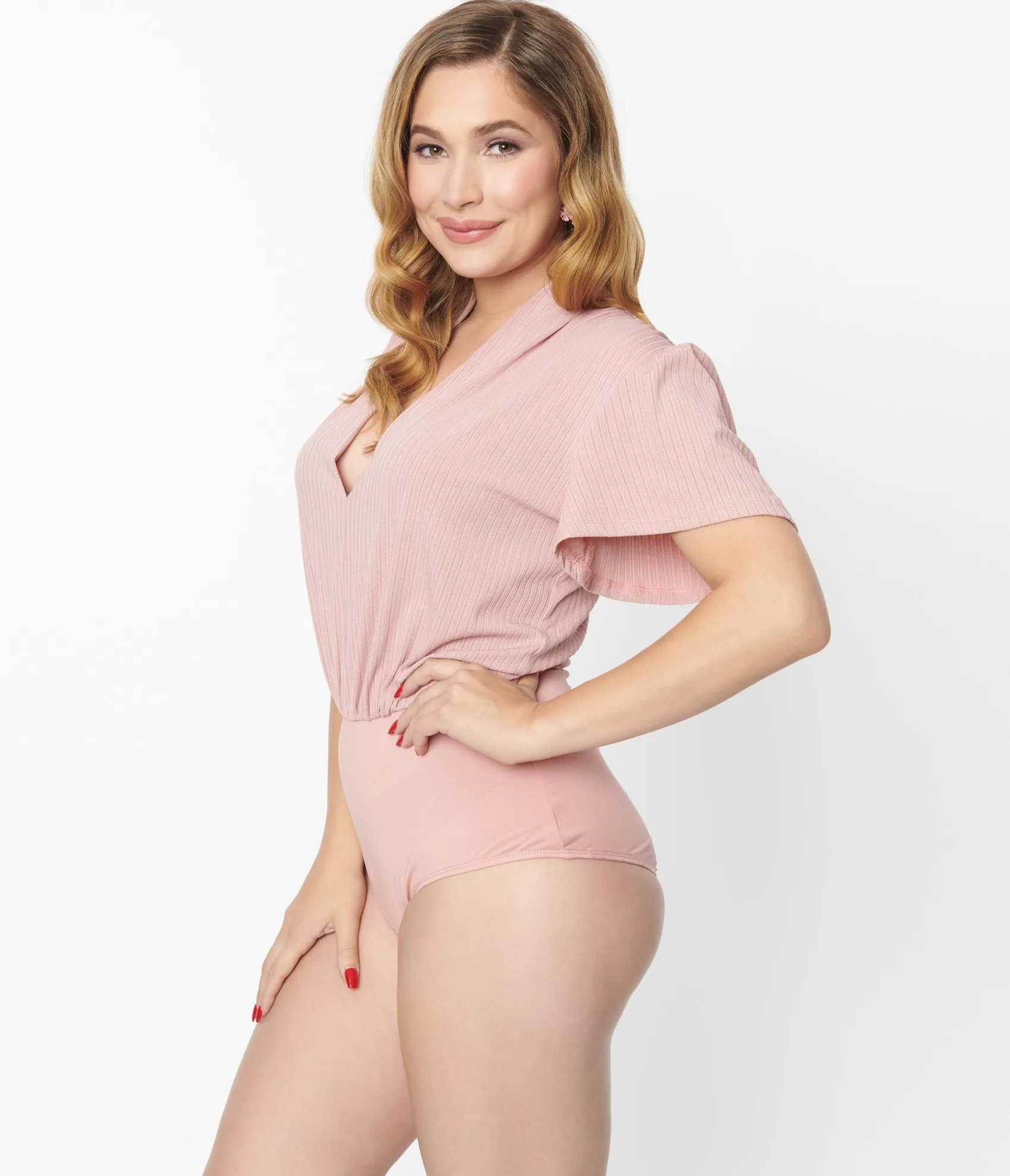 Unique Vintage 1970s Rose Pink Pointelle Flutter Sleeve Bodysuit