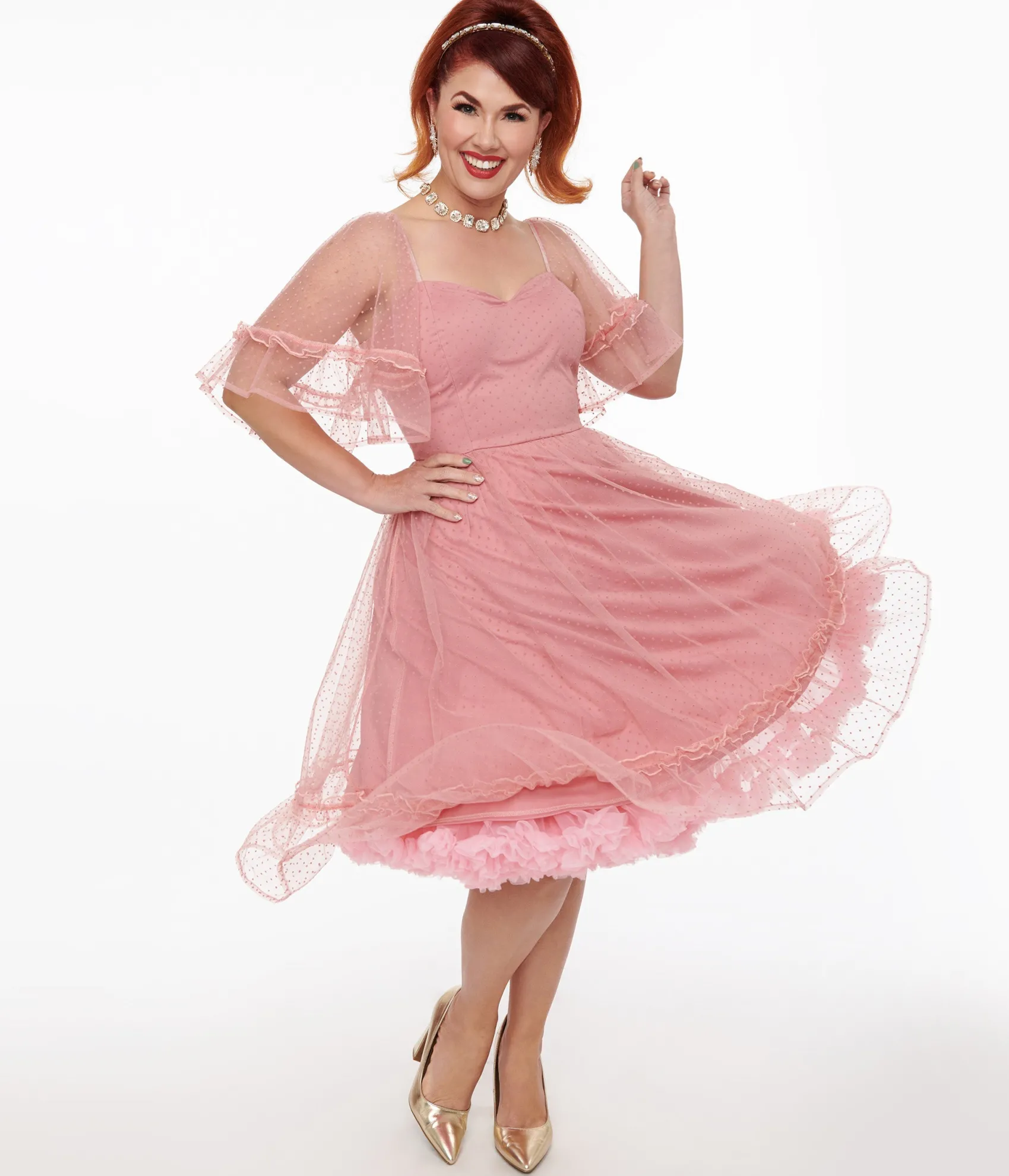 Unique Vintage 1950s Rose Ruffle Sweetheart Swing Dress