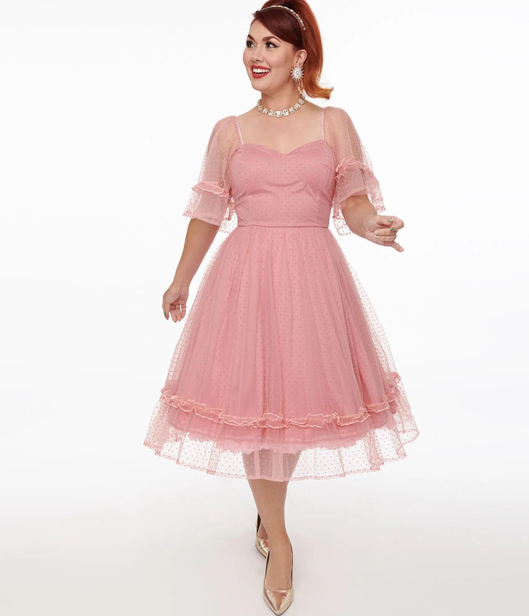Unique Vintage 1950s Rose Ruffle Sweetheart Swing Dress