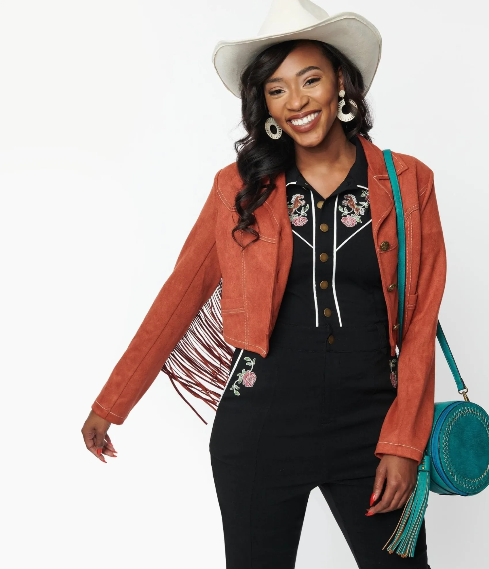 Unique Vintage 1970s Rust Suede & Embroidered Horse Cattle Call Jacket