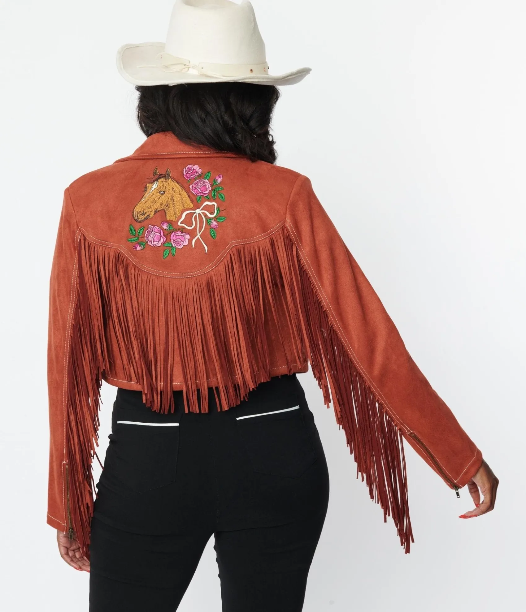 Unique Vintage 1970s Rust Suede & Embroidered Horse Cattle Call Jacket