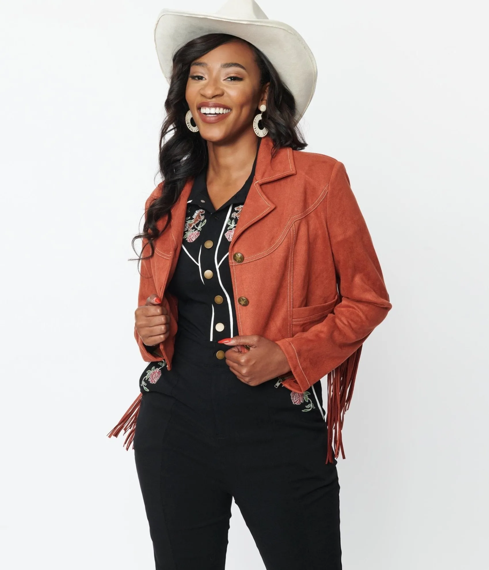 Unique Vintage 1970s Rust Suede & Embroidered Horse Cattle Call Jacket