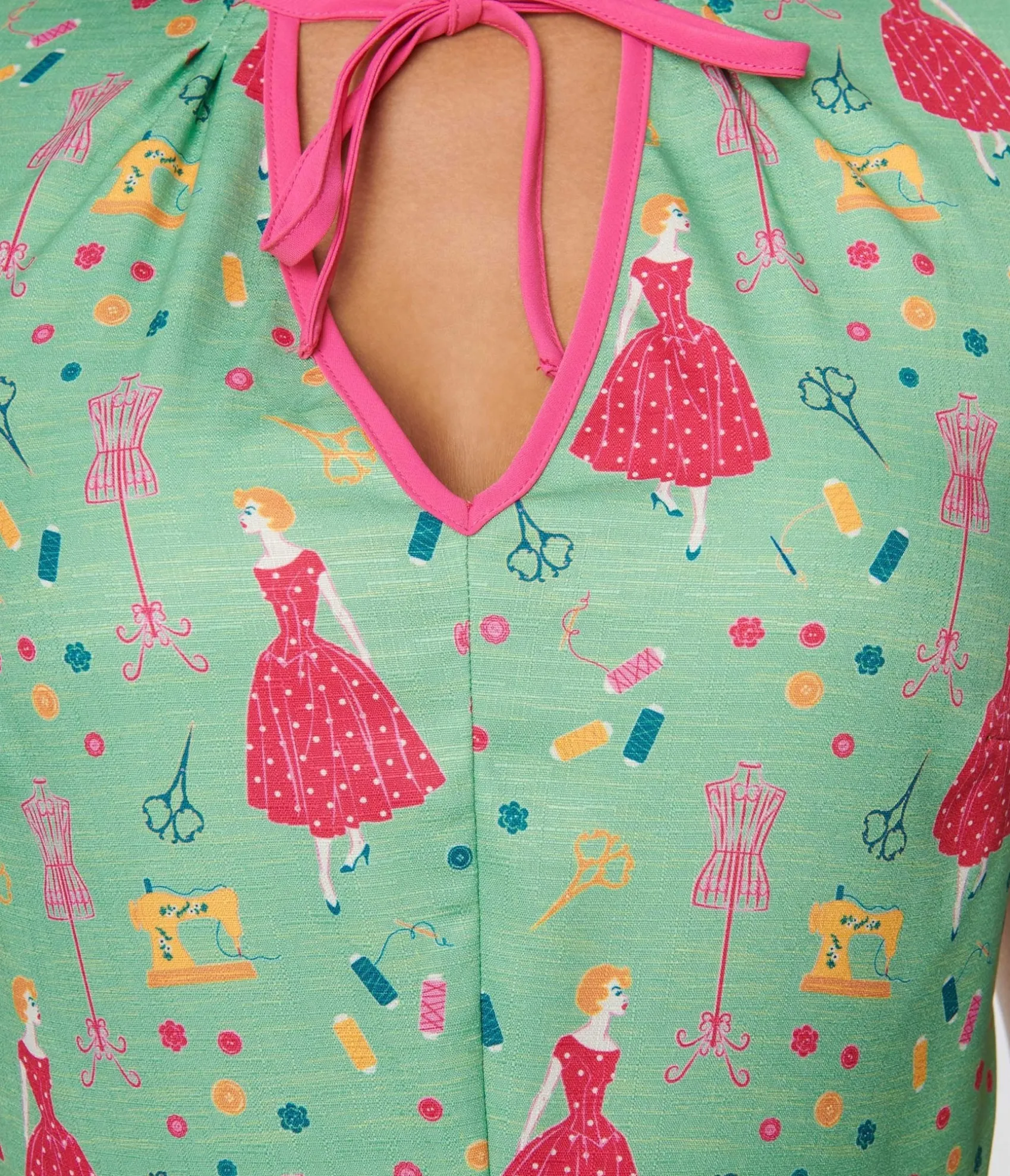 Unique Vintage 1940s Sage & Retro Sewing Print Dahlia Swing Dress