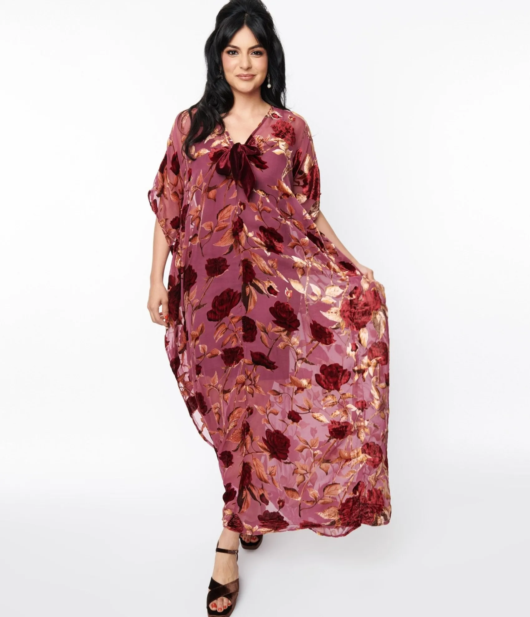 Unique Vintage 1970s Sheer Red Rose Velvet Burnout Bow Front Caftan