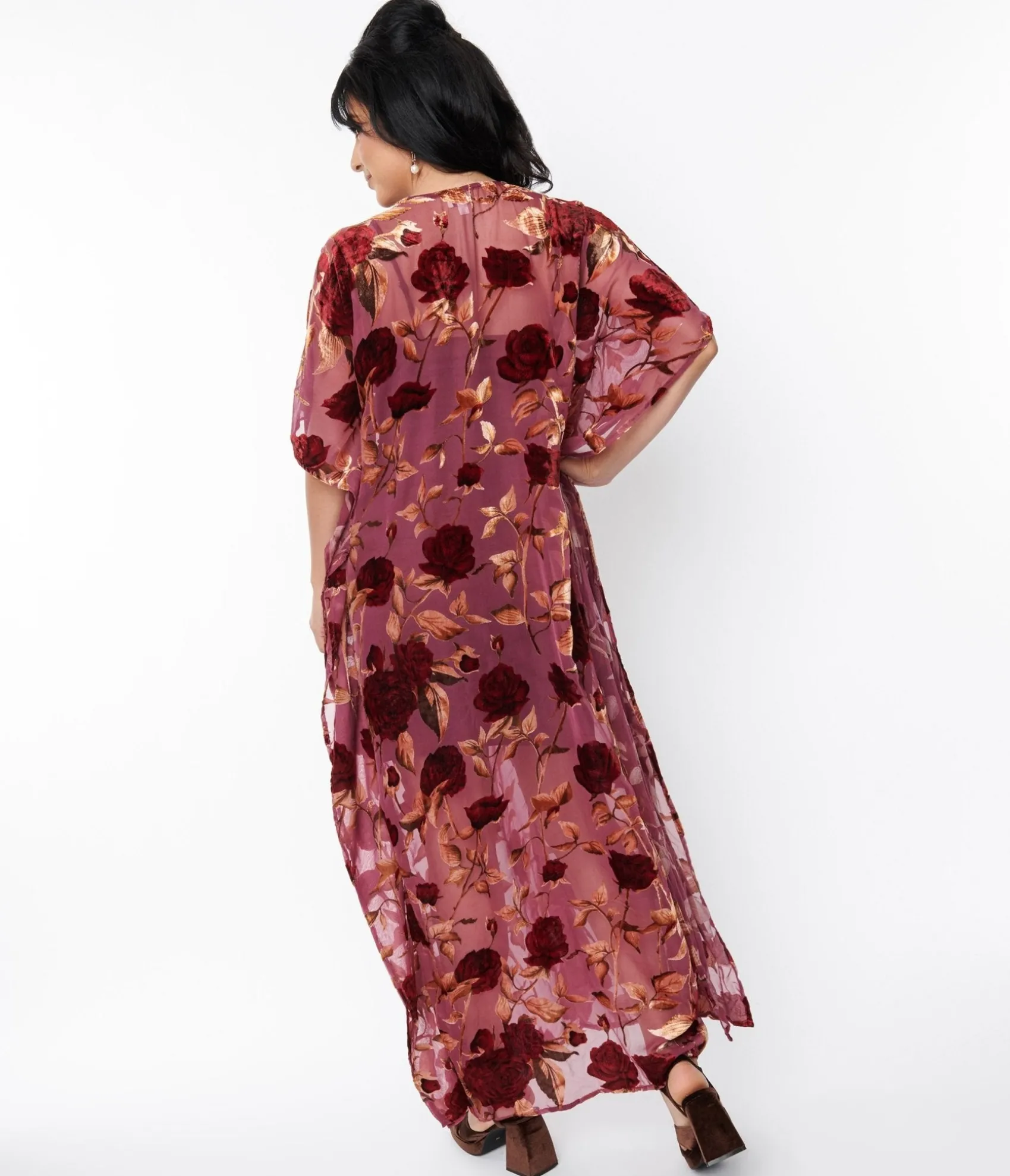 Unique Vintage 1970s Sheer Red Rose Velvet Burnout Bow Front Caftan