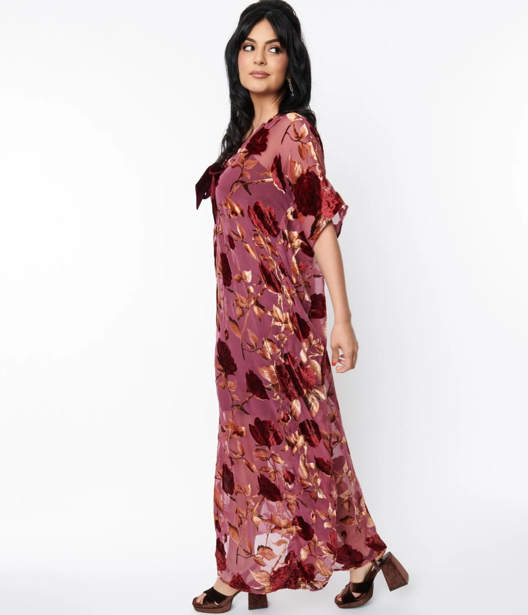 Unique Vintage 1970s Sheer Red Rose Velvet Burnout Bow Front Caftan