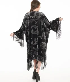 Unique Vintage 1920s Silver & Black Velvet Zodiac Fringe Kimono