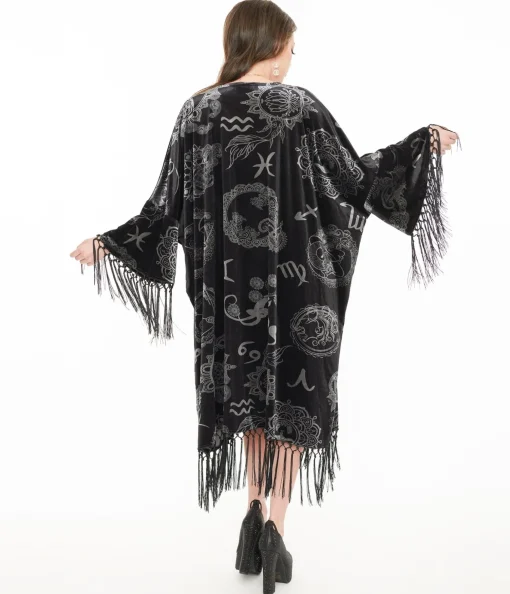 Unique Vintage 1920s Silver & Black Velvet Zodiac Fringe Kimono