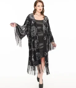 Unique Vintage 1920s Silver & Black Velvet Zodiac Fringe Kimono