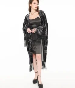 Unique Vintage 1920s Silver & Black Velvet Zodiac Fringe Kimono