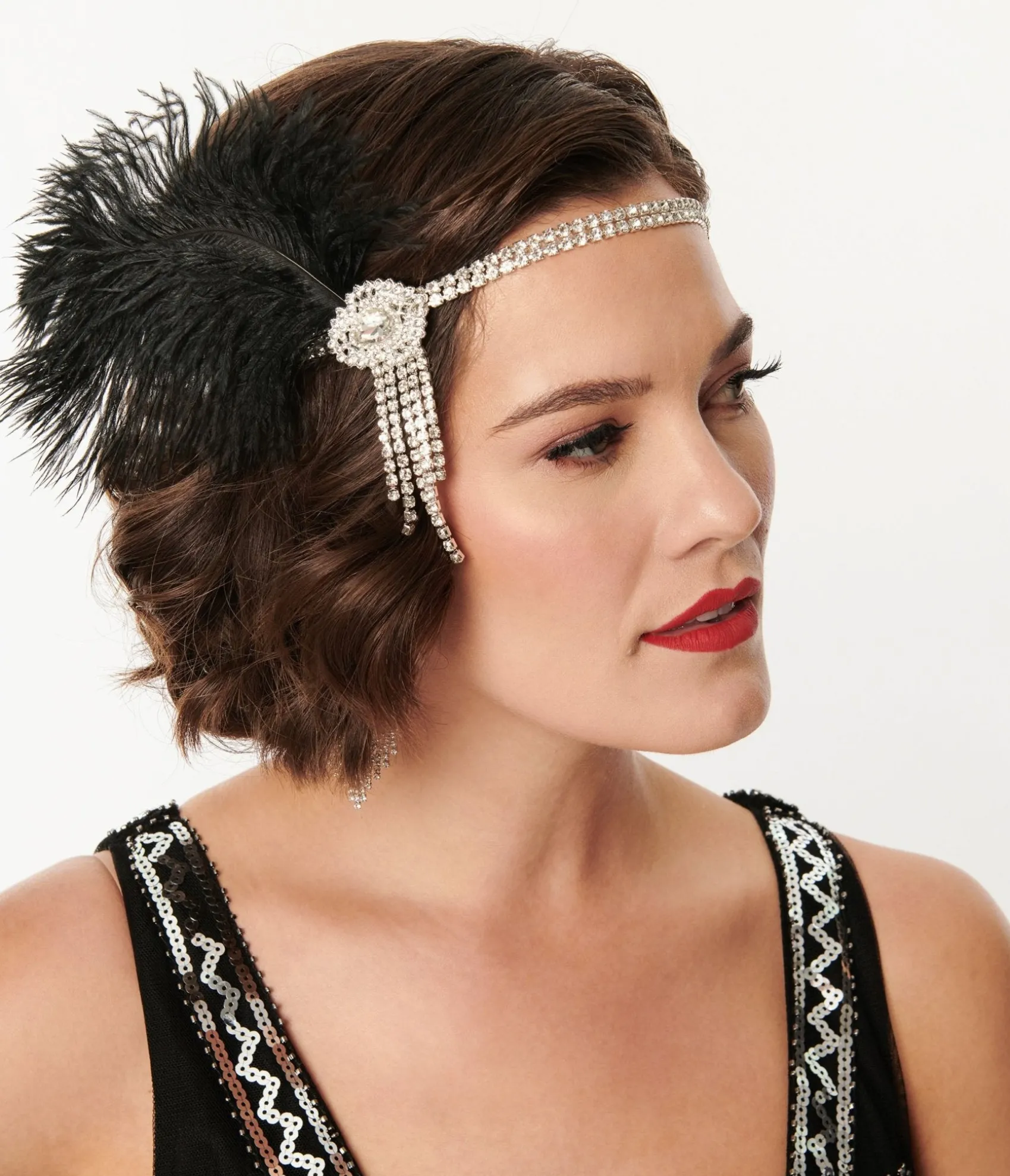Unique Vintage 1920s Silver Rhinestone & Black Feather Headband