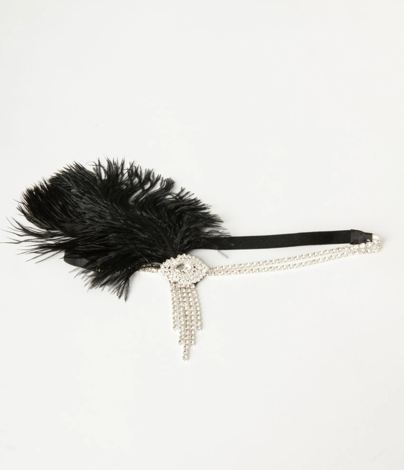 Unique Vintage 1920s Silver Rhinestone & Black Feather Headband
