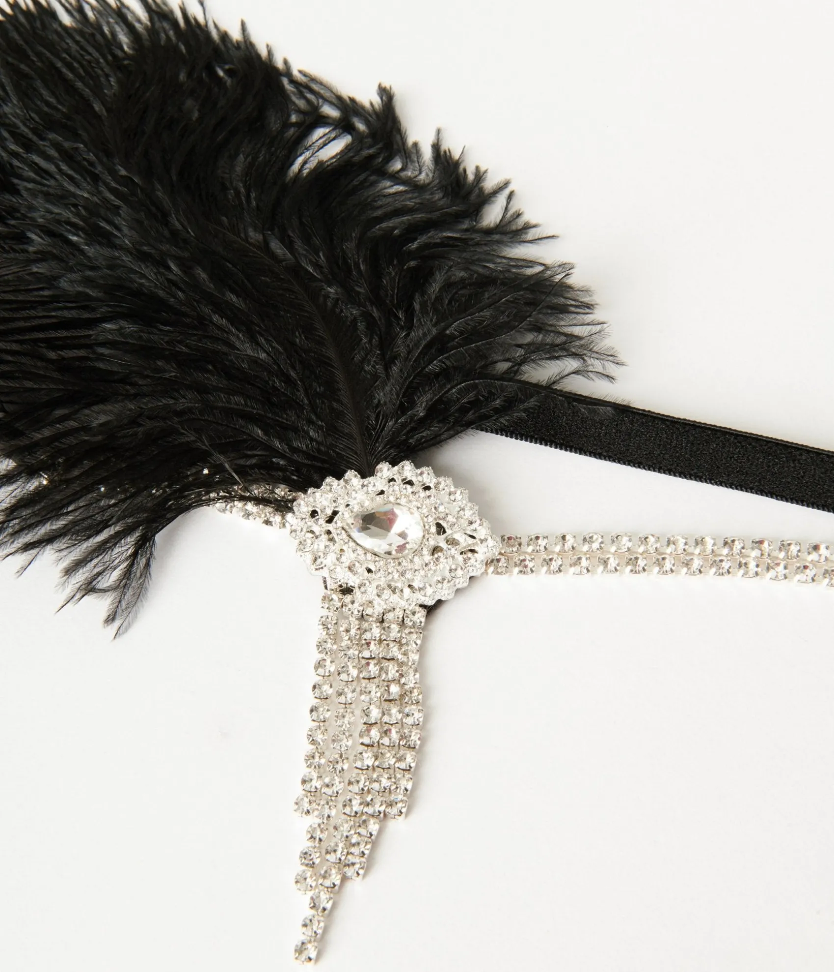 Unique Vintage 1920s Silver Rhinestone & Black Feather Headband