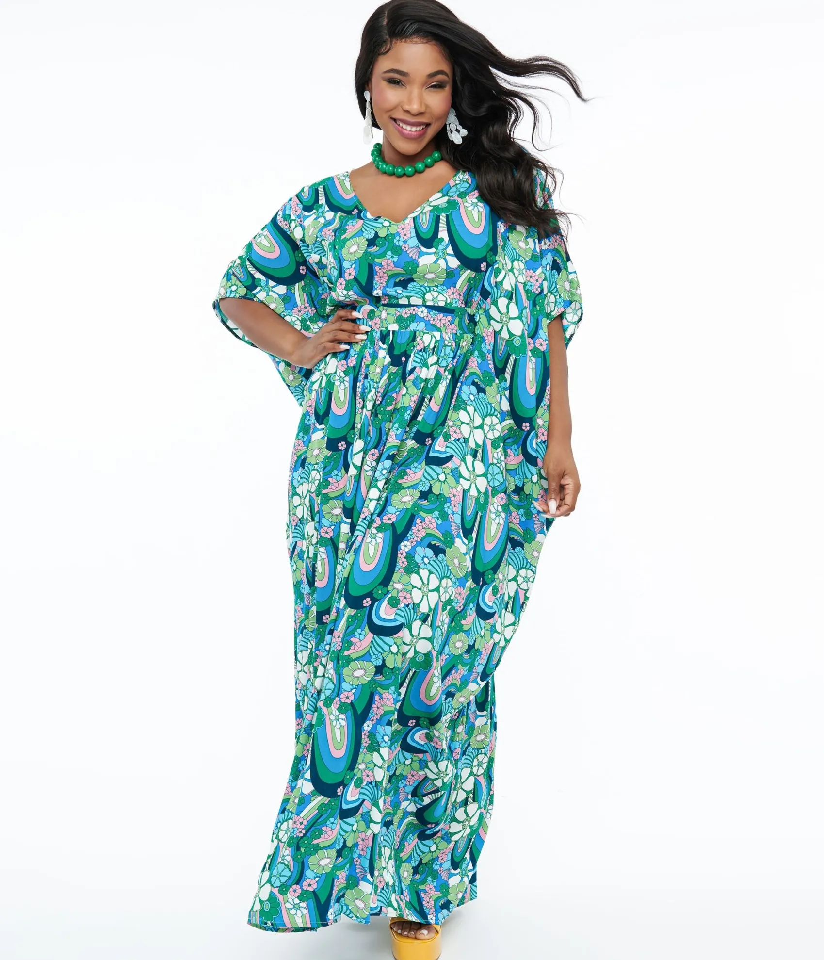 Unique Vintage 1970s Teal Psychedelic Floral Burton Caftan Dress