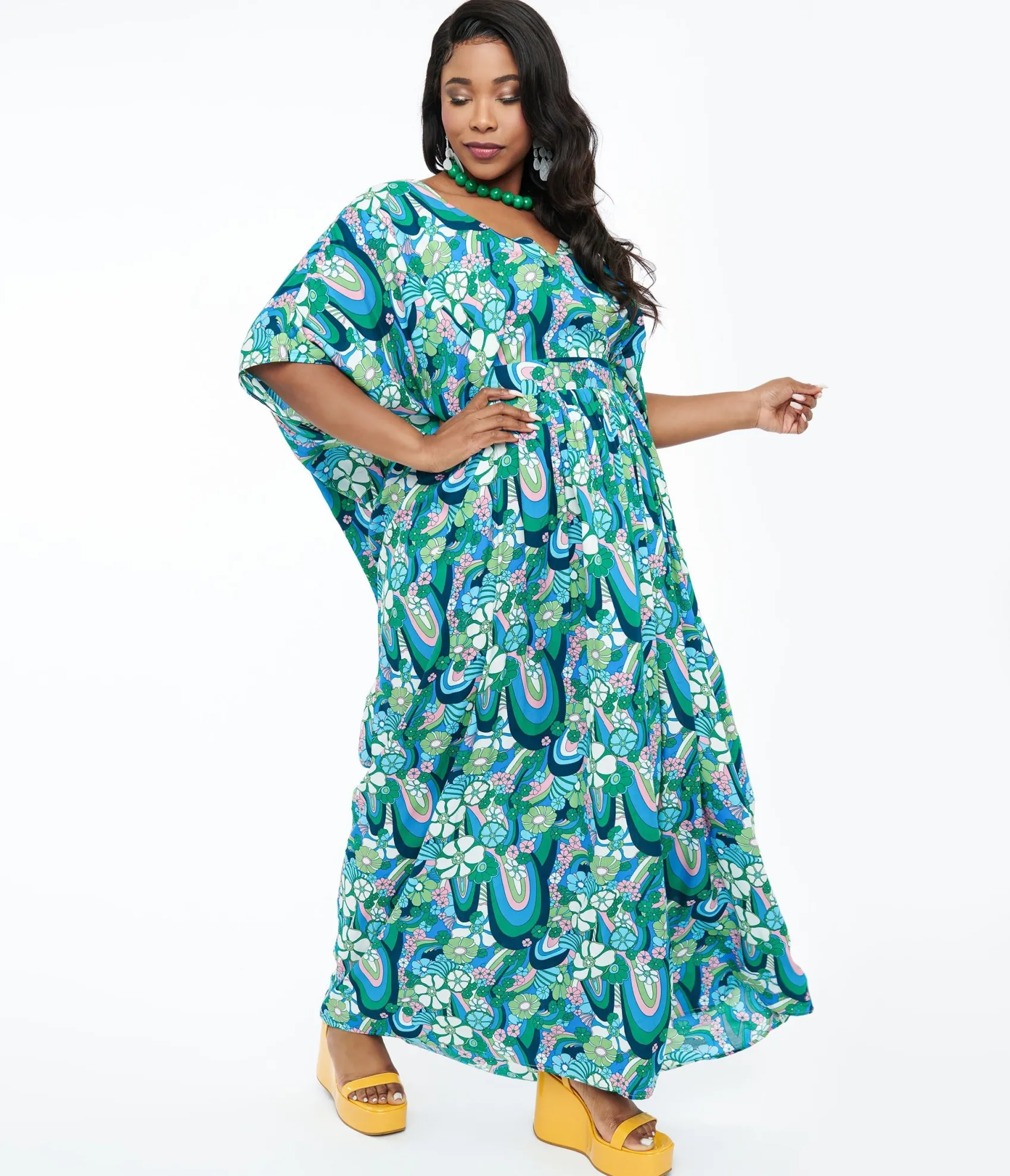 Unique Vintage 1970s Teal Psychedelic Floral Burton Caftan Dress