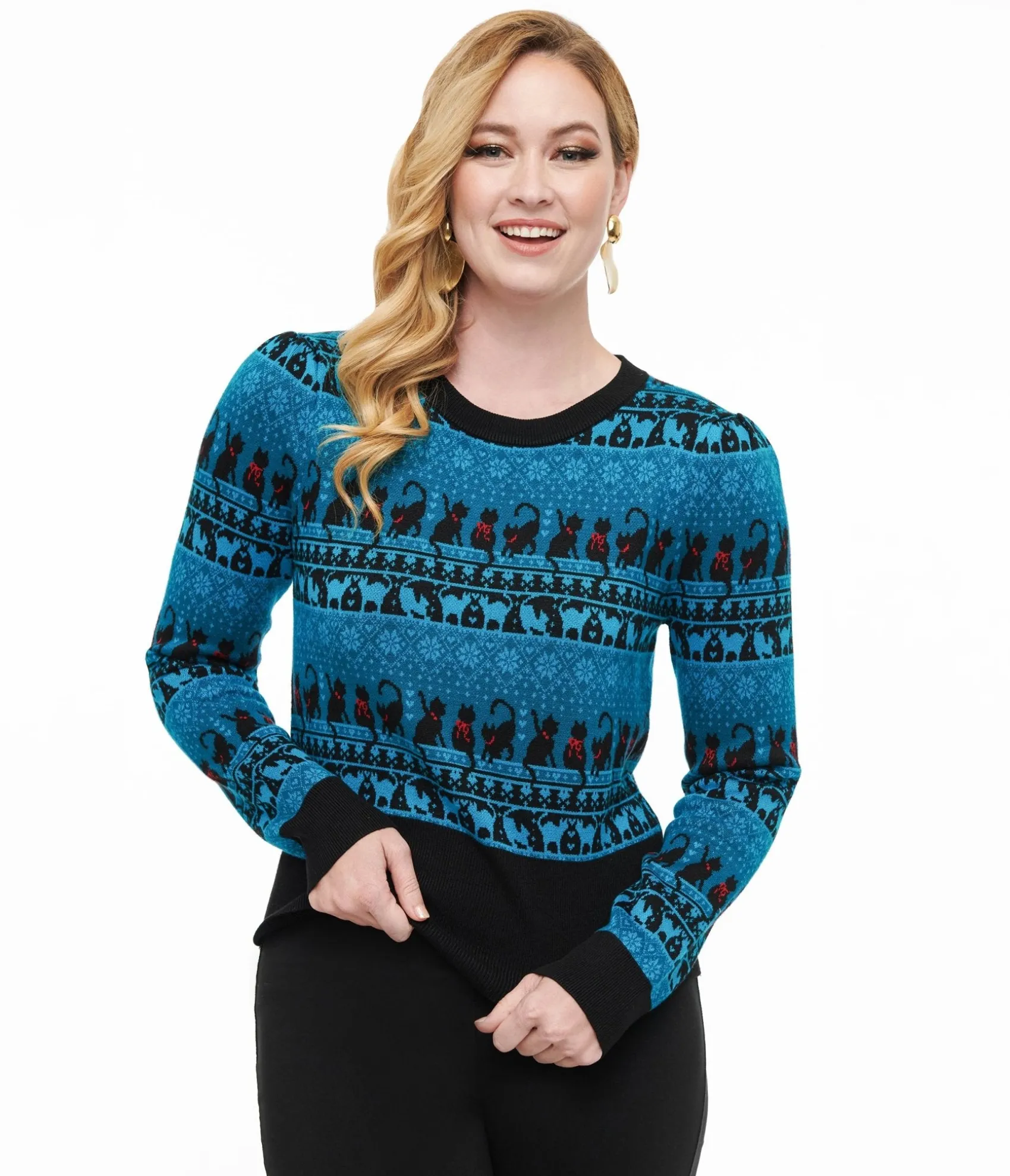 Unique Vintage 1950s Teal Snowflakes & Cats Sweater