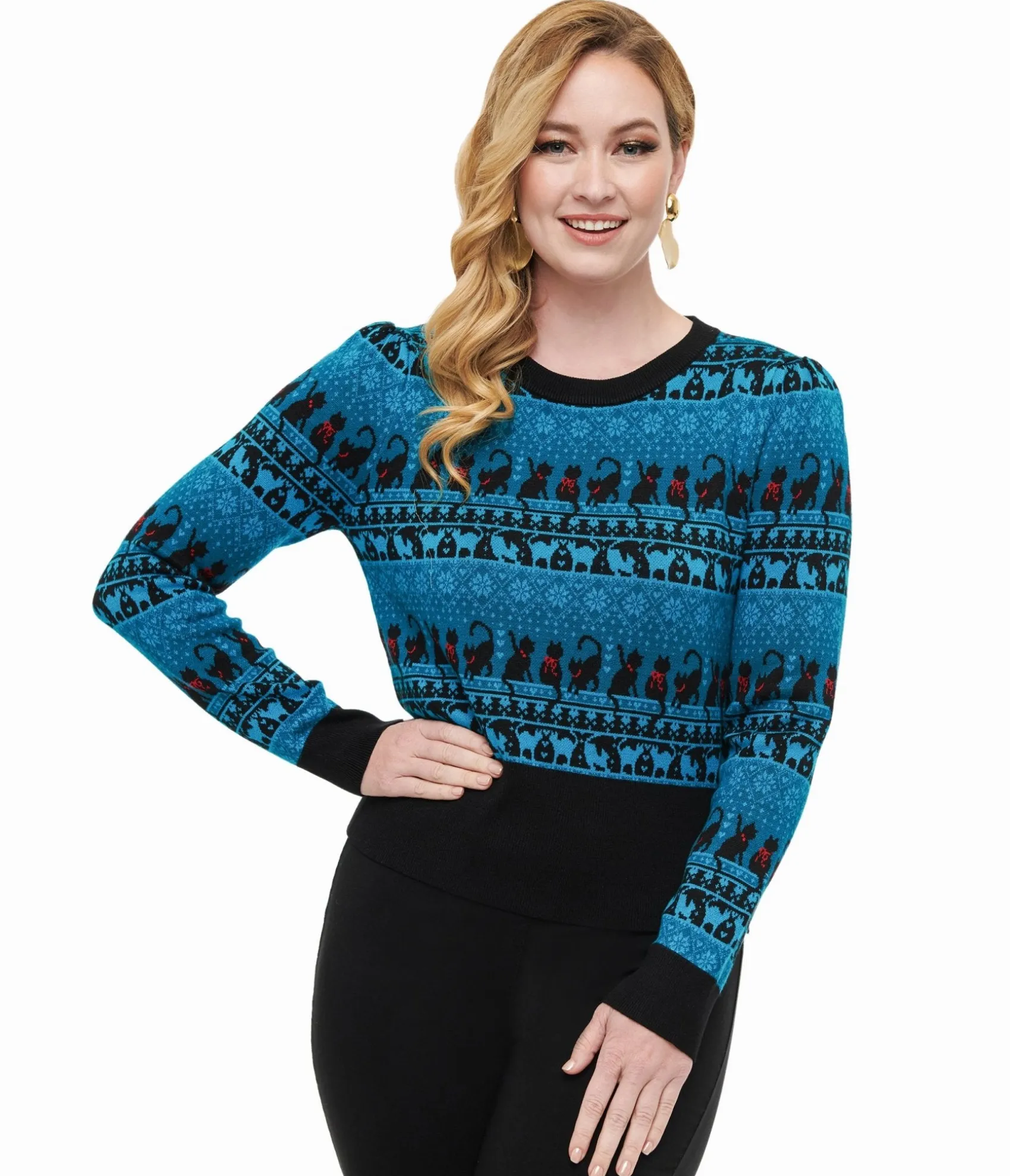 Unique Vintage 1950s Teal Snowflakes & Cats Sweater