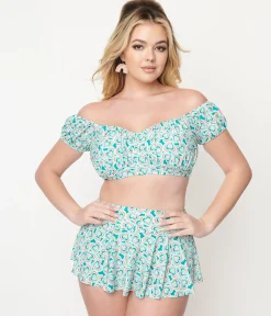 Unique Vintage 1940s Turquoise Retro Hearts Off The Shoulder Swim Top