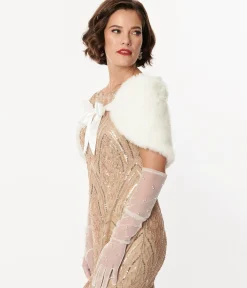 Unique Vintage 1920s White Faux Fur Ribbon Shawl