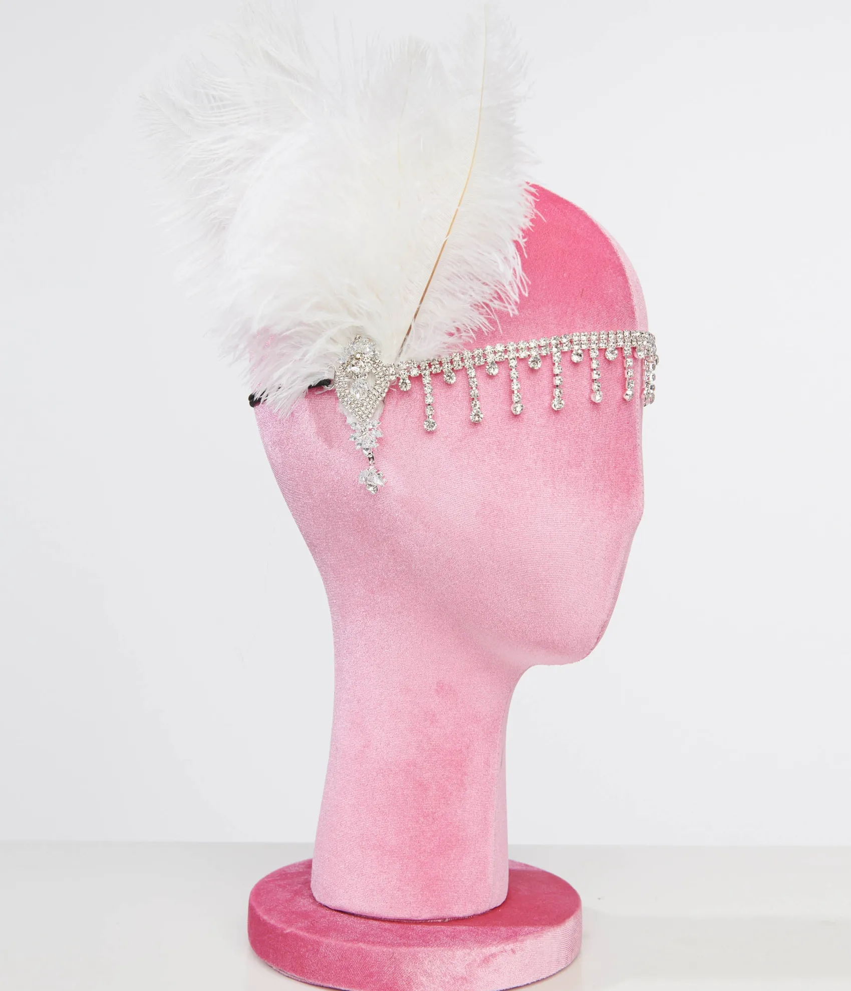 Unique Vintage 1920s White Feather & Silver Rhinestone Headband