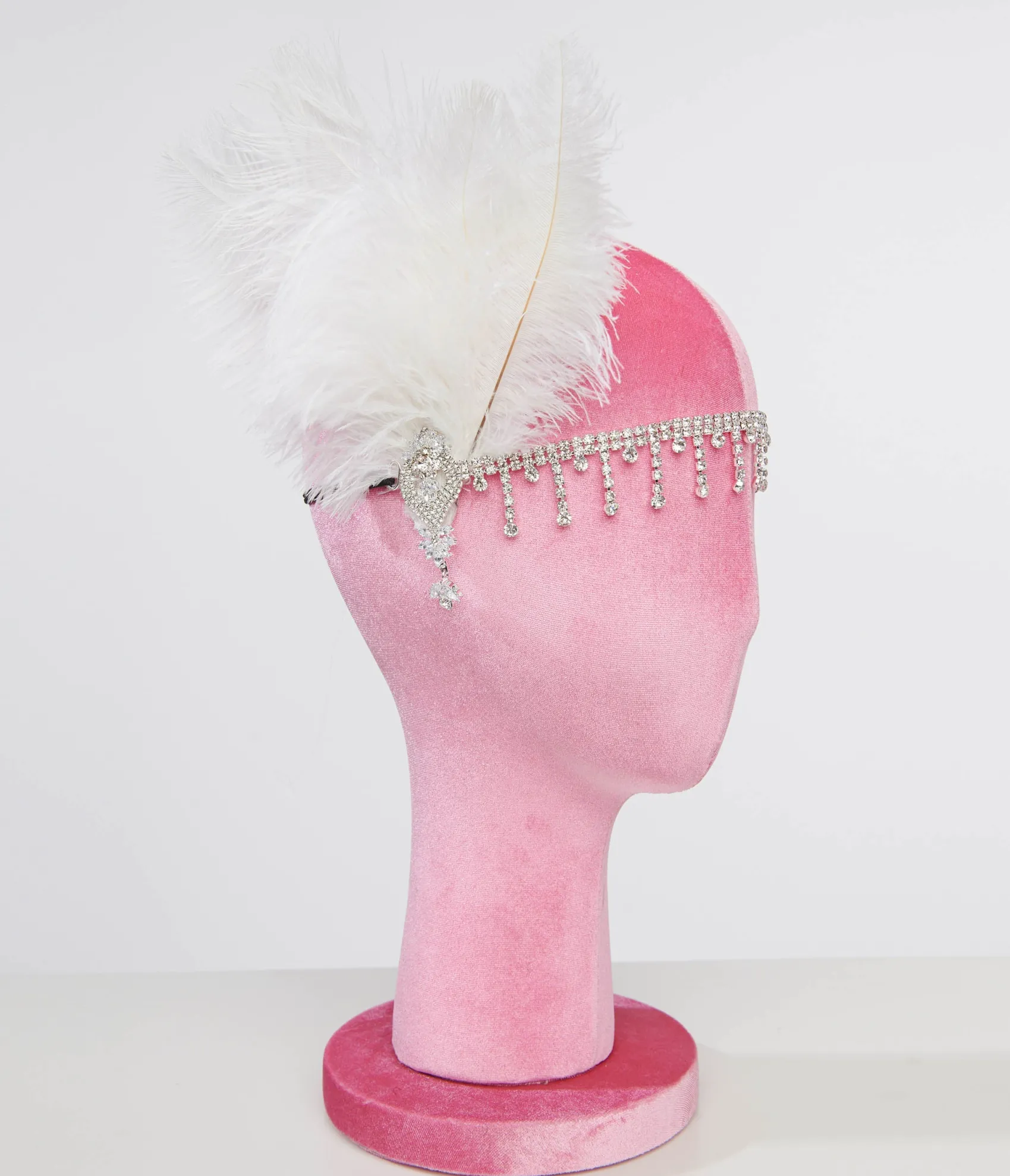 Unique Vintage 1920s White Feather & Silver Rhinestone Headband
