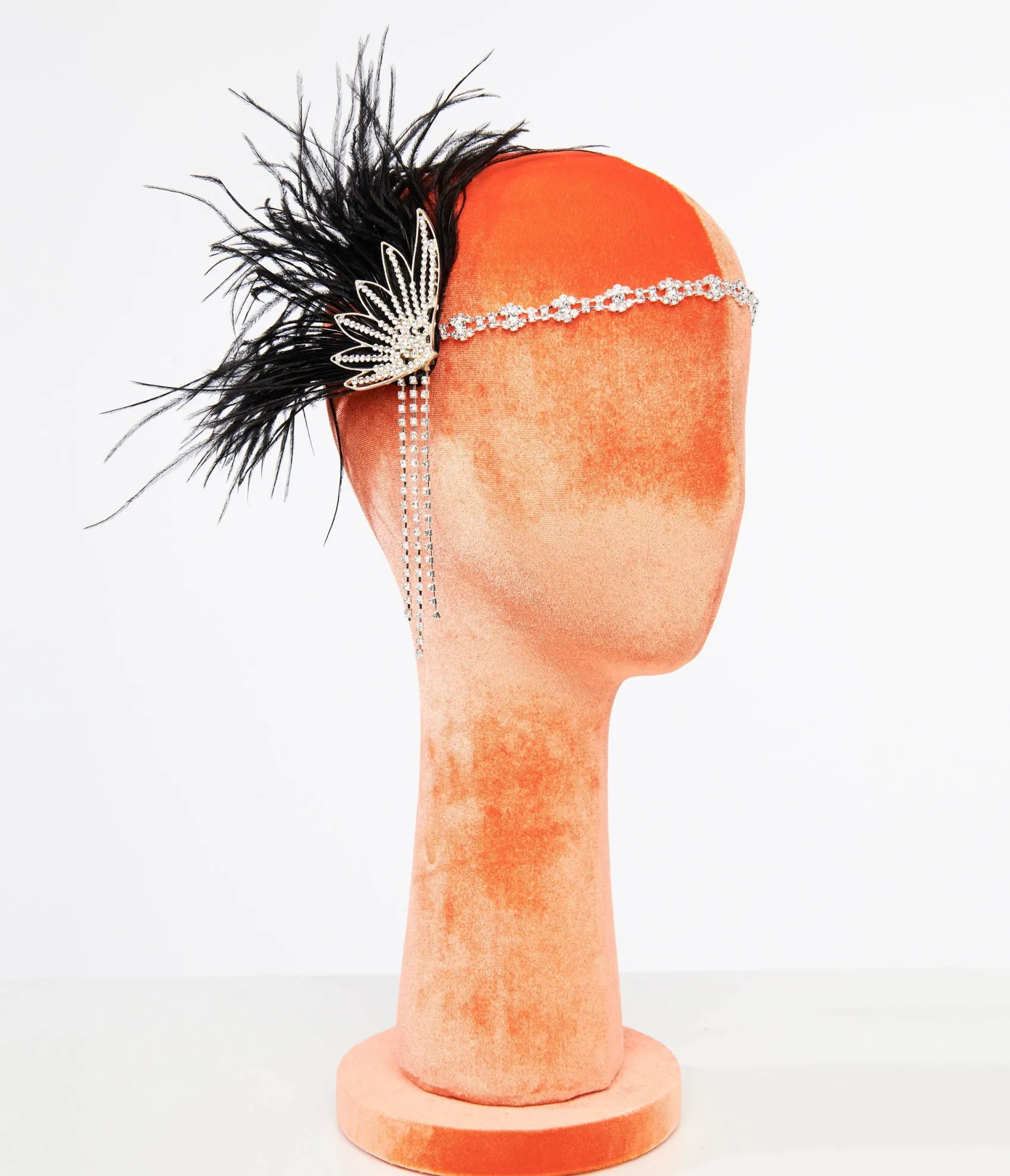 Unique Vintage 1920s White Rhinestone & Black Feather Flapper Headband