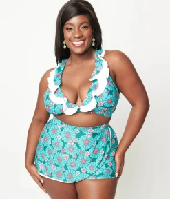 Unique Vintage Teal Flower Child High Waist Skort Swim Bottom
