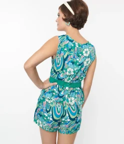 Unique Vintage Teal Psychedelic Floral Scallop Trim Shorts