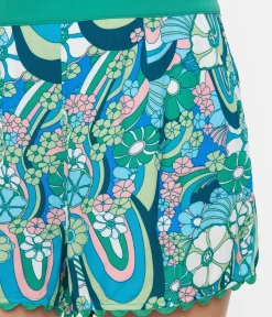 Unique Vintage Teal Psychedelic Floral Scallop Trim Shorts