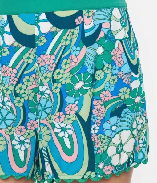 Unique Vintage Teal Psychedelic Floral Scallop Trim Shorts