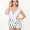 Unique Vintage White & Black Polka Dot Ruffle Sheath Swimsuit