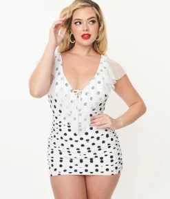 Unique Vintage White & Black Polka Dot Ruffle Sheath Swimsuit