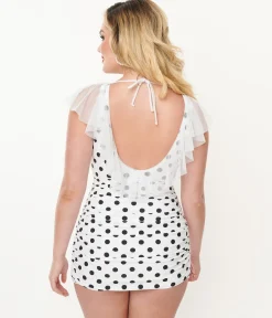 Unique Vintage White & Black Polka Dot Ruffle Sheath Swimsuit