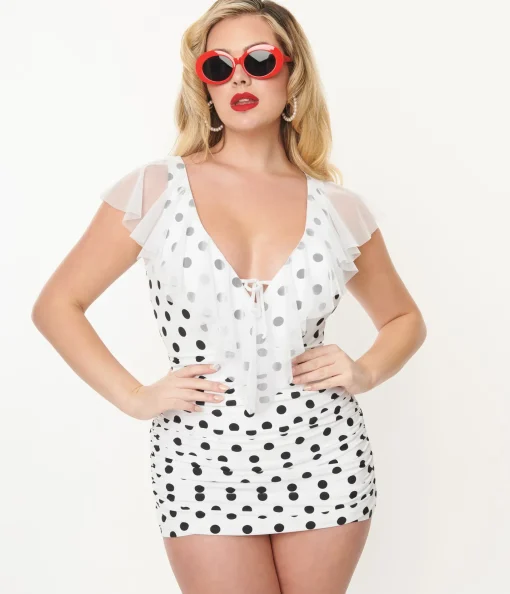 Unique Vintage White & Black Polka Dot Ruffle Sheath Swimsuit