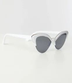 Unique Vintage White & Silver Half Rim Cat Eye Sunglasses