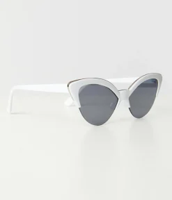 Unique Vintage White & Silver Half Rim Cat Eye Sunglasses
