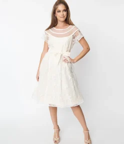 Unique Vintage White Burnout Rose Flare Dress