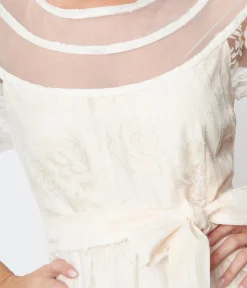 Unique Vintage White Burnout Rose Flare Dress