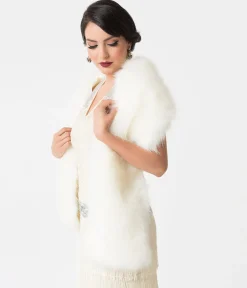 Unique Vintage White Ivory Faux Fur Stole