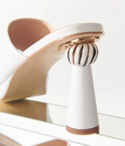 Unique Vintage White Leatherette Spiral Ball Mule Heels