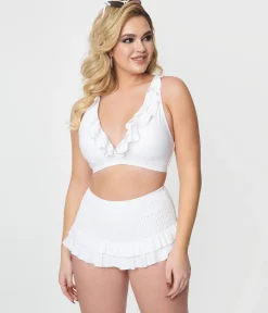 Unique Vintage White Ruffle Halter Swim Top