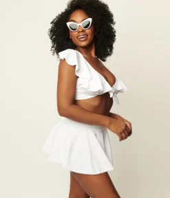 Unique Vintage White Ruffled Cap Sleeve Frida Swim Top
