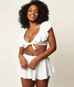Unique Vintage White Ruffled Cap Sleeve Frida Swim Top