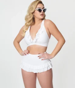 Unique Vintage White Shirred Skirt Swim Bottom