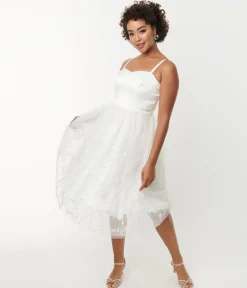 Unique Vintage White Tulle & Floral Beading Bertie Swing Dress