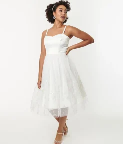 Unique Vintage White Tulle & Floral Beading Bertie Swing Dress