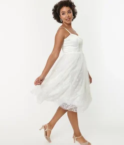 Unique Vintage White Tulle & Floral Beading Bertie Swing Dress
