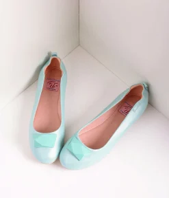 Vintage Style Aqua Blue Leatherette & Geometric Gem Ballet Flats