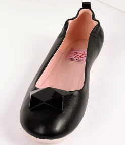 Vintage Style Black Leatherette & Geometric Gem Ballet Flats