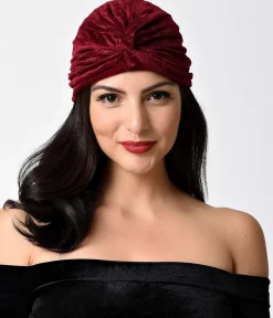 Vintage Style Burgundy Velvet Knotted Turban